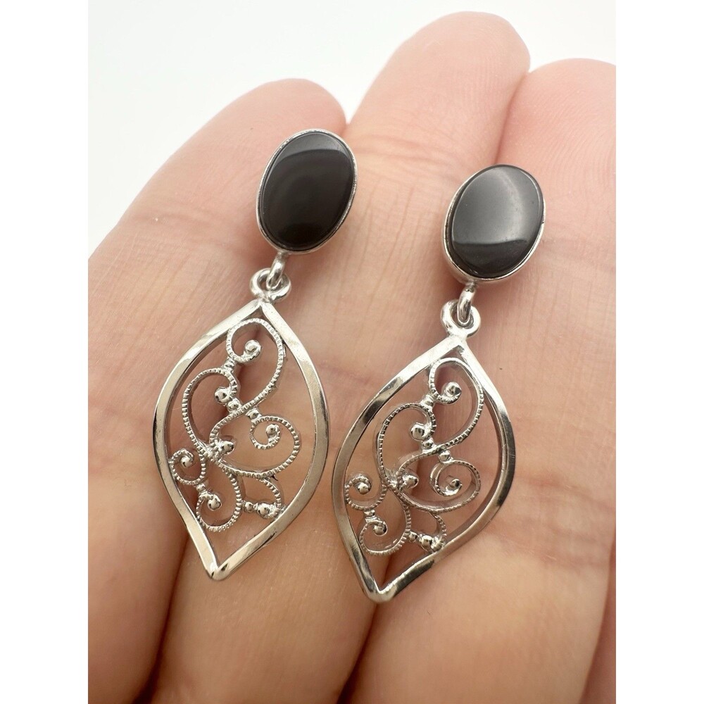 Vintage Van Dell Black Onyx Filigree Dangle Earrings Sterling Silver